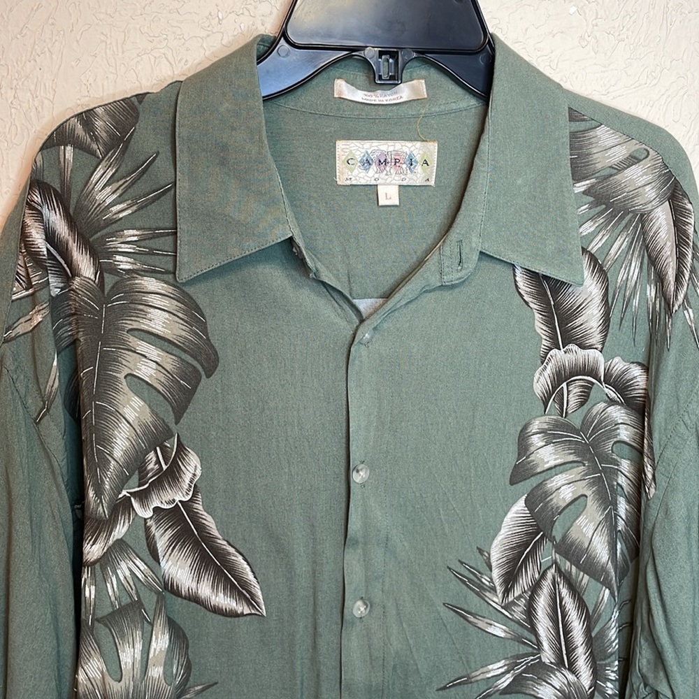 Campia Moda Green & White Hawaiian Button Down 100% Rayon Short Sleeve Shirt